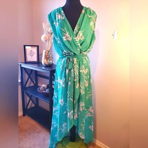 Charming Charlie Teal High-Low Wrap Dress With Pink Floral Print, XL